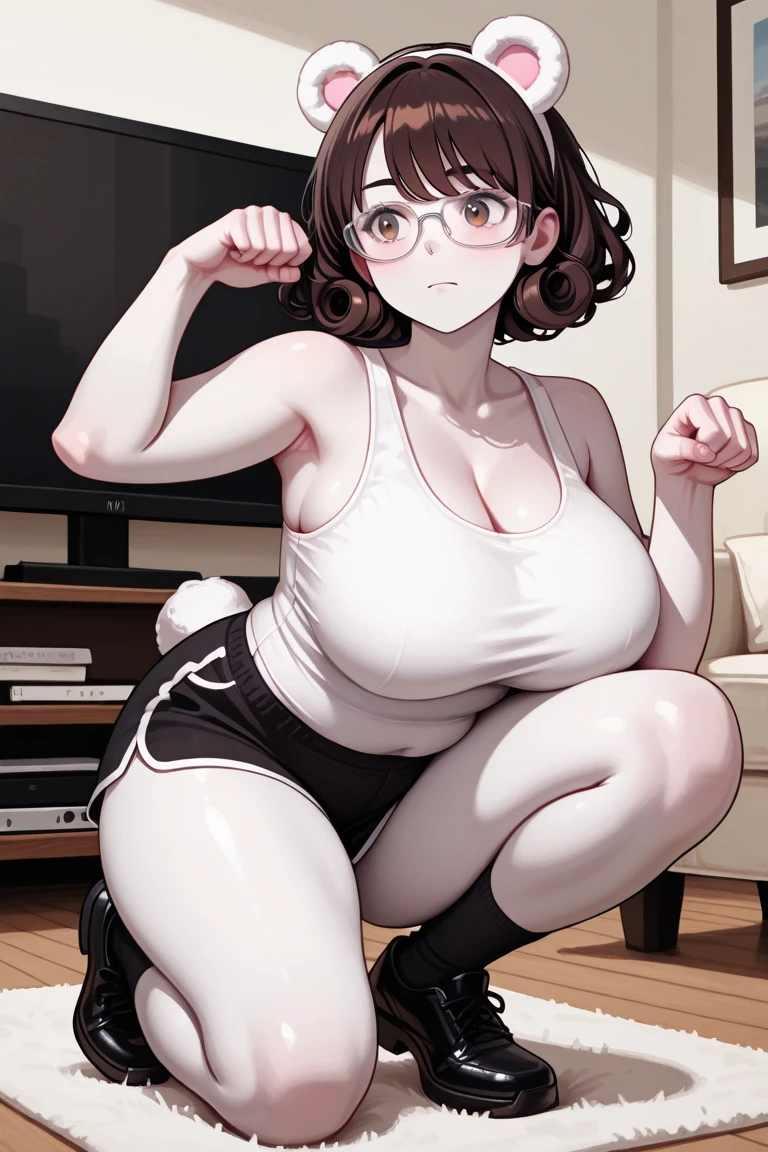 highest quality, High res○luti○n,Anime Screen Capture, SF、three w○men、realistic, masterpiece, highest quality, perfect anat○my,(nsfw、from the side、Chubby、Fat belly)、 (fine eyes), (Female mechanic, huge breasts、), ((gray sports bra、Grey sports panties、Sweat、black baseball cap)),black gloves、legs spread、hands behind head、both armpits、 squat、green eyeedium braided hair、medium hair、brown hair), ((blush))、(wide hips)、:o、((((embarrassing))))、((training room))