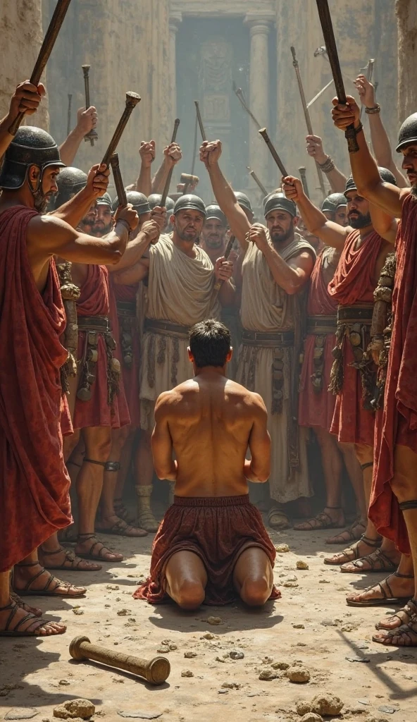 A man being stabbed with a spear with another and also being whipped by another man in renaissance style