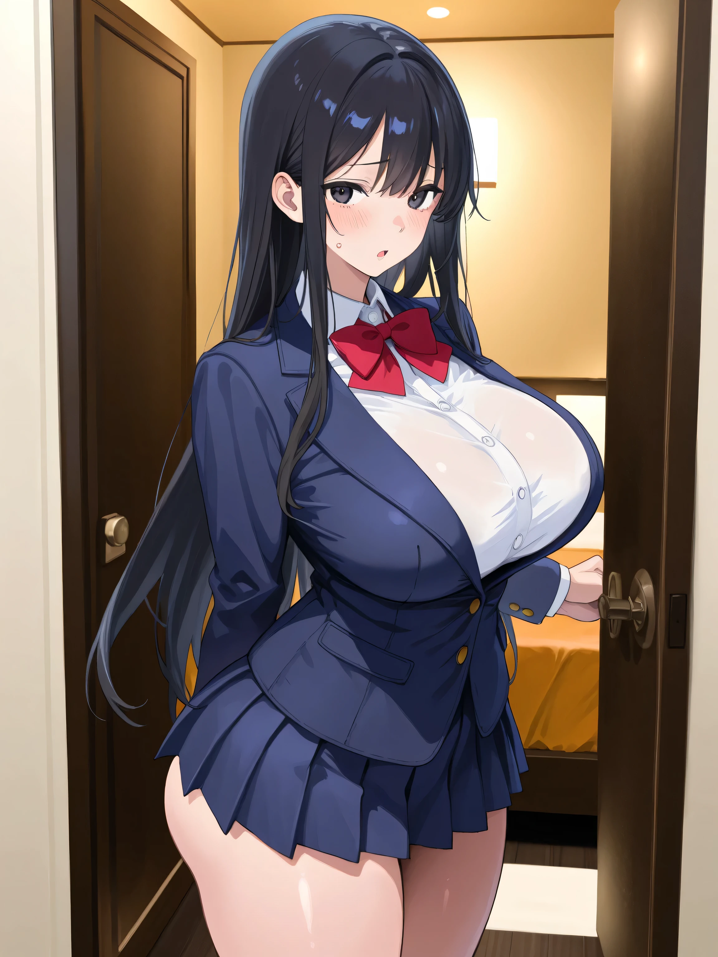 desvistiendose,black fur,big tits,school suit,