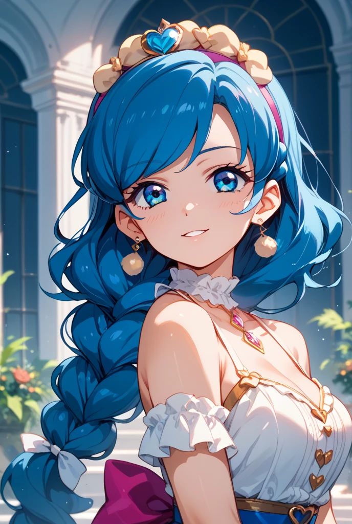 girl, a red ball gown, stunning sparkling blue eyes, long pretty blue hair, palace background