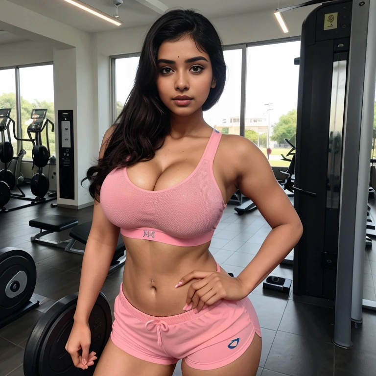 A Thick Busty Curvy pakistani girl wear bra , looking_at_viewer, smile,realistic, necklace, earrings, cleavage_cutout, gym ,full portrait of girl, dumbell in hand , navel , legs