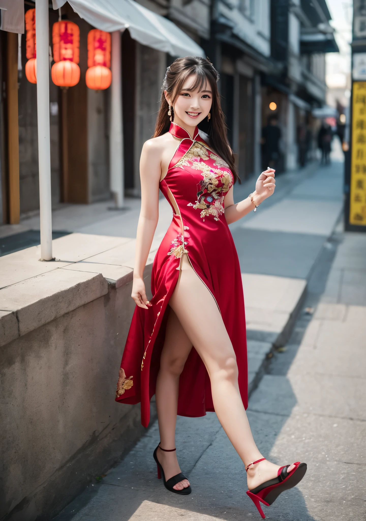 (8k, RAW photo, best quality, masterpiece:1.2), (realistic, photo-realistic:1.4), (extremely detailed 8k wallpaper), Japanese 20 age woman,she is wearing a cheongsam,The background is Chinatown,Her beautiful legs attract attention from all around her.She is embarrassed by the gaze of those around her,she is smiling,she is sitting and resting