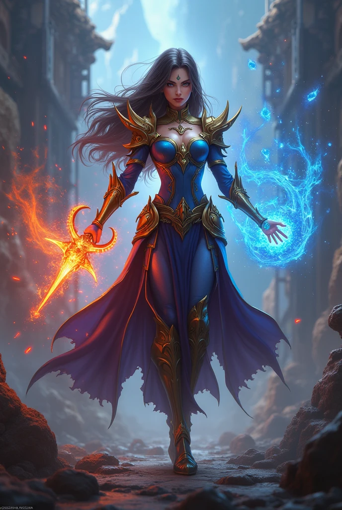 (Goddess of Power:1.4), (masterpiece:1.4, best quality), (photo realistic:1.4), imposing and commanding presence, with an expression of strength and authority, dressed in a powerful and ornate armor that combines ancient and modern elements, (armor adorned with symbols of power and energy:1.2), (hair flowing with dynamic energy, glowing with electric hues:1.2), (piercing eyes radiating confidence and control:1.2), holding a staff or scepter emitting crackling energy or light, surrounded by a swirling aura of raw power, (background of a dramatic, cosmic scene with swirling galaxies or stormy skies:1.2), (dynamic lighting highlighting her form and the energy she wields:1.2), (bold and striking pose that emphasizes her dominance and strength:1.2), rich textures, intense and vibrant colors, (deep blues:1.2), (fiery reds:1.2), (electric whites and silvers:1.2), (dynamic composition with sharp contrasts and powerful lines:1.2), high-quality and detailed, (awe-inspiring and majestic atmosphere:1.2), transcendent and formidable, perfect image quality, symbolizing ultimate strength, authority, and the essence of power, captivating and commanding presence