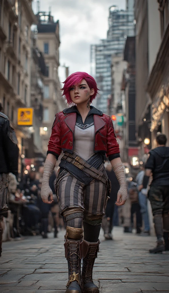 a woman with pink hair, full body , ((((text ''VI''))), red leather jacket, punches, cyberpunk background<lora:Vi1024:0.8>