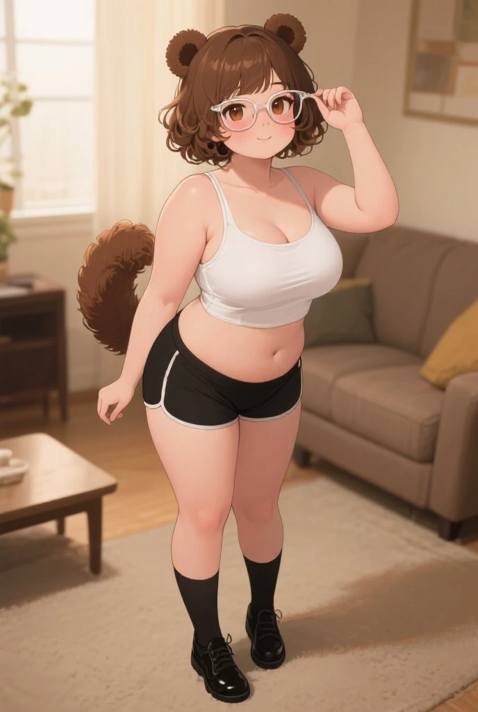 A small girl with chubby thighs, chubby hips, with a large dark blue sweater, shaggy hair that reaches her eyes, brown hair on her head, and furry skin the color of skin, a small dog bear, floppy ears the same color as the skin, and some stockings in their furry clothes