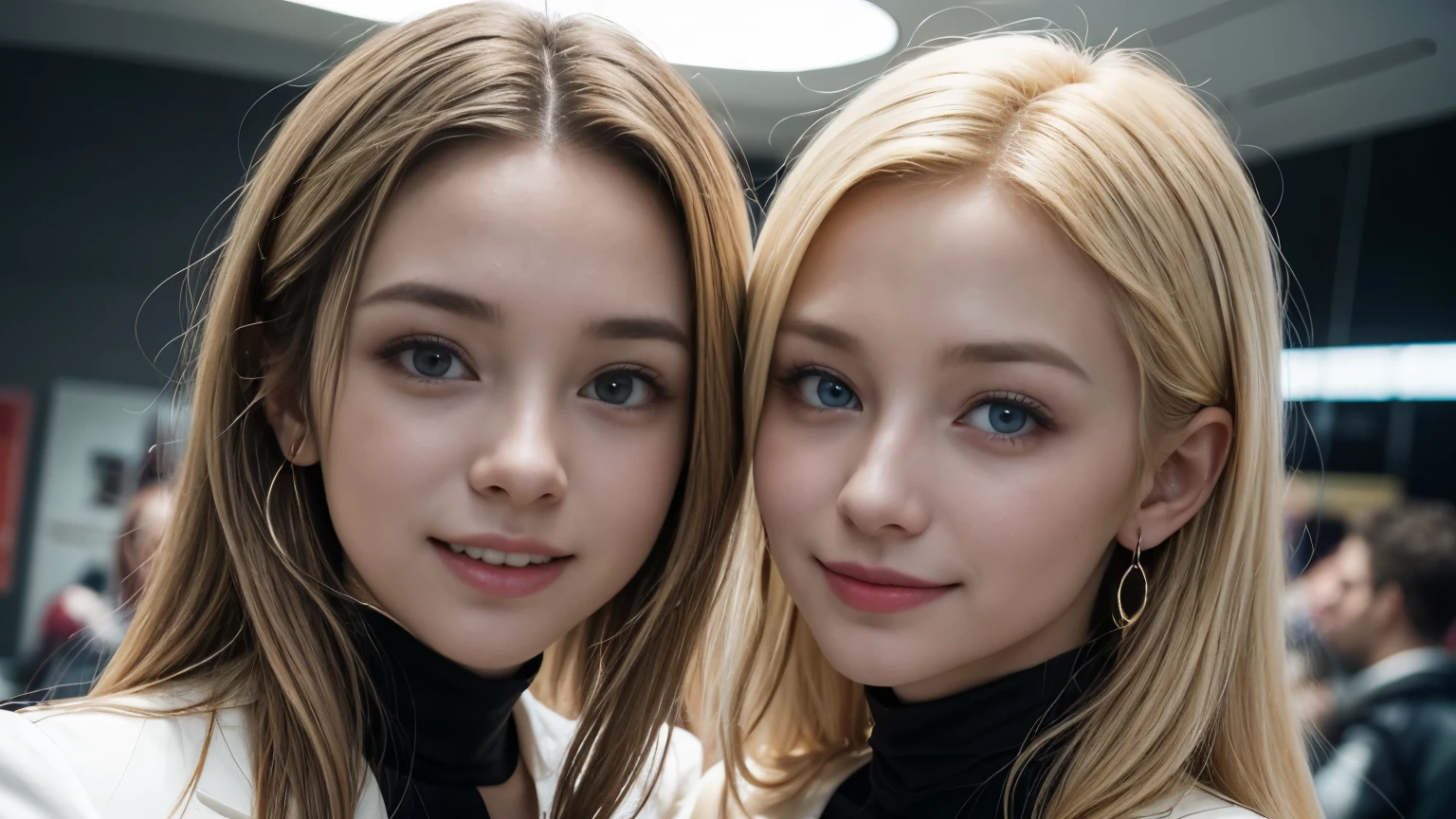 sunny daytime city、two beautiful young and beautiful blond Irish women with platinum blond hair、 two beautiful blonde women with blue eyes looking wide open、22-year-old Hollywood actress、 wearing white blouse with collar inside android suit、 beautiful blonde irish beauty wearing blouse with collar、smileで歩く若くて美しい18歳のアイルランド人双子美女、Platinum Blonde Hair and White Blouse Collar、 beautiful blonde twins with wide blue eyes、long-sleeved cyber protector body、 high neck design with zipper up to the neck、high neck cyber suit、 two beautiful irish women with platinum blonde、smile、BIG EARRINGS、gold necklace、beautiful blonde beauty in an android suit、half model's young and beautiful white beauty、 high neck innerwear、 Blue Nail Polish 、skin with realistic texture、The young and beautiful white beauty of the half model、16k、UHD、High Quality、口を開けてLaughter、smile、upper body、 focus on two blonde beautiful girls in the frame、 head position in the center of the image、 two people walking at different distances on either side of the image々teeth、 keeping distance between face and face、 two beautiful blonde women standing apart、standing away from the camera、 open your eyes wide 、Sharp、High nose、 celebration、Laughter、small breasts、 looks up、upper body、waving hands