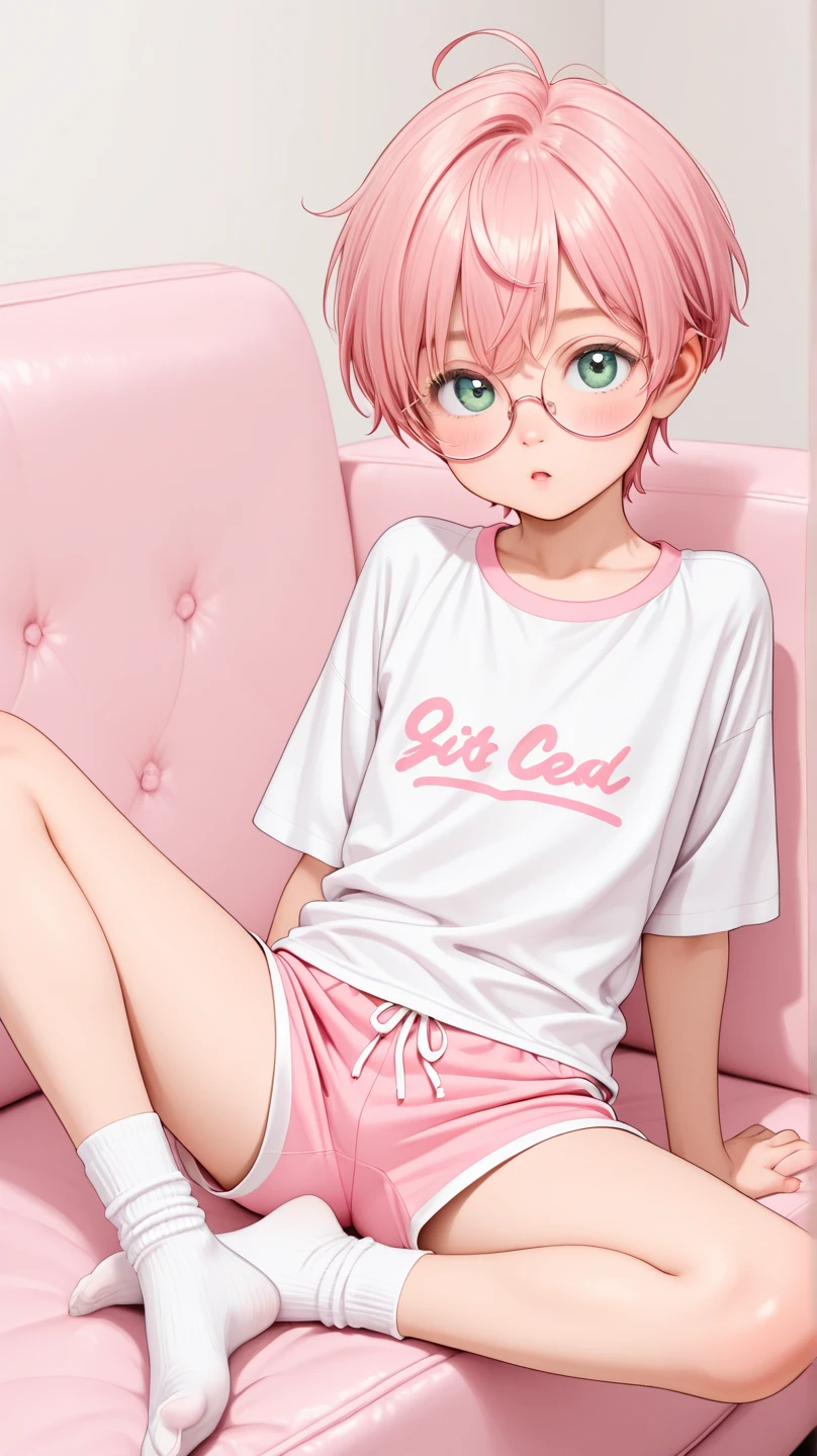 boy, 1 boy, 10 years old, cute , small, Pinkish white skin, black short hair, Two block style., conjunctivitis, Wear Black, loose shorts., Take off your shirt..., sitting on the bed, Slim shape,