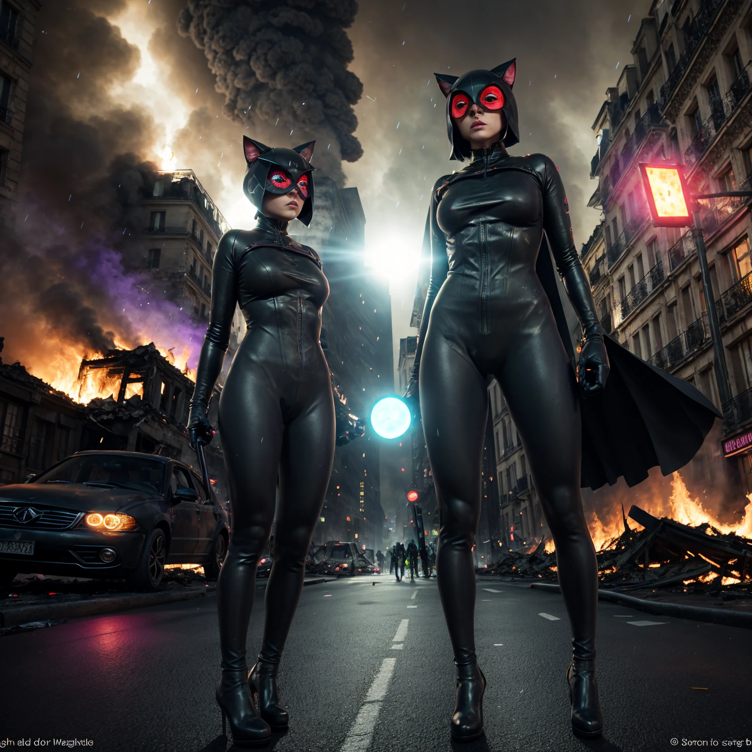 batman and two police officers on a city street, metropolis filmic gotham city, gotham city style, anigirl batman, batman with guns, from movie batman, cyberpunk batman, gotham city, portrait shot, batwoman, batman, 3d render of catwoman, in batman movie still cinematic, batgirl, inspired by Zack Snyder, mark zuckerberg as catwoman, gotham, catwoman