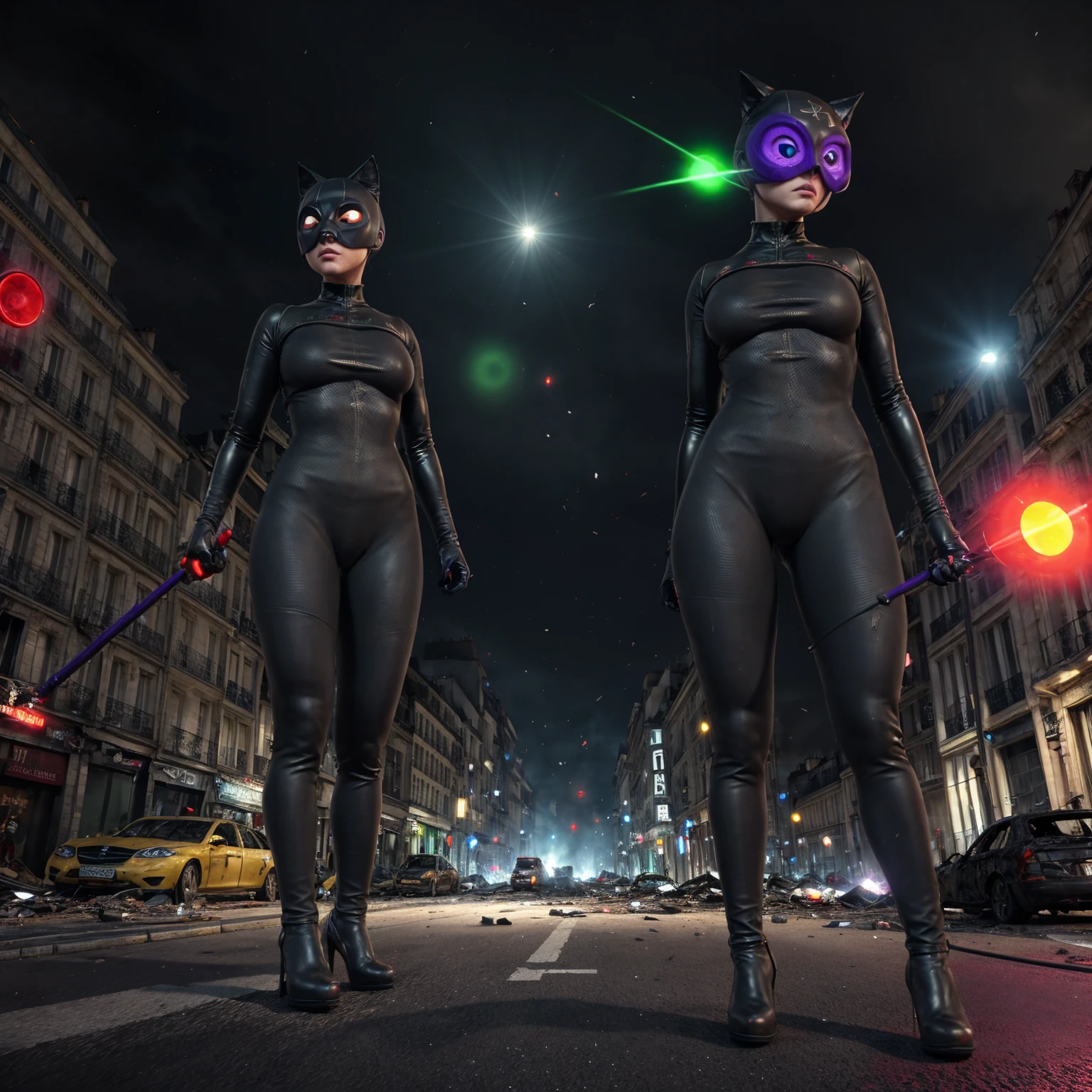 Batman confronting a thai ladyboy playing Catwoman,(beautiful detailed eyes,beautiful detailed lips,extremely detailed eyes and face,longeyelashes),sassy pose,cute outfit,redlight district at night,neon lights,pulsating atmosphere,moody and mysterious environment,(best quality,highres:1.2),ultra-detailed,(realistic:1.37),HDR,vivid colors,dark tones,portraits,concept artists