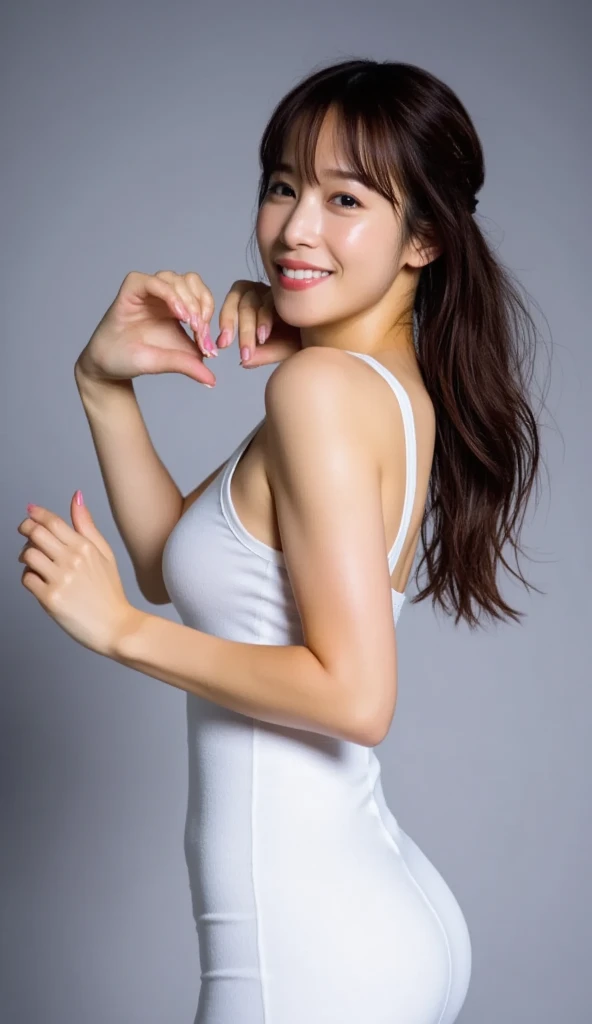 A woman in a purple top stretches her arms, Pause(Raise the hand + Happy), Toned arms, Thin upper arms, with Raise the hand, Underarm, Features of a smooth body, spread both arms wide, sweating heavily, Arms stretched out, graceful arms, Graceful figure, Arms stretched out, Arms stretched out, a Young Asian Woman, Young Asian Woman