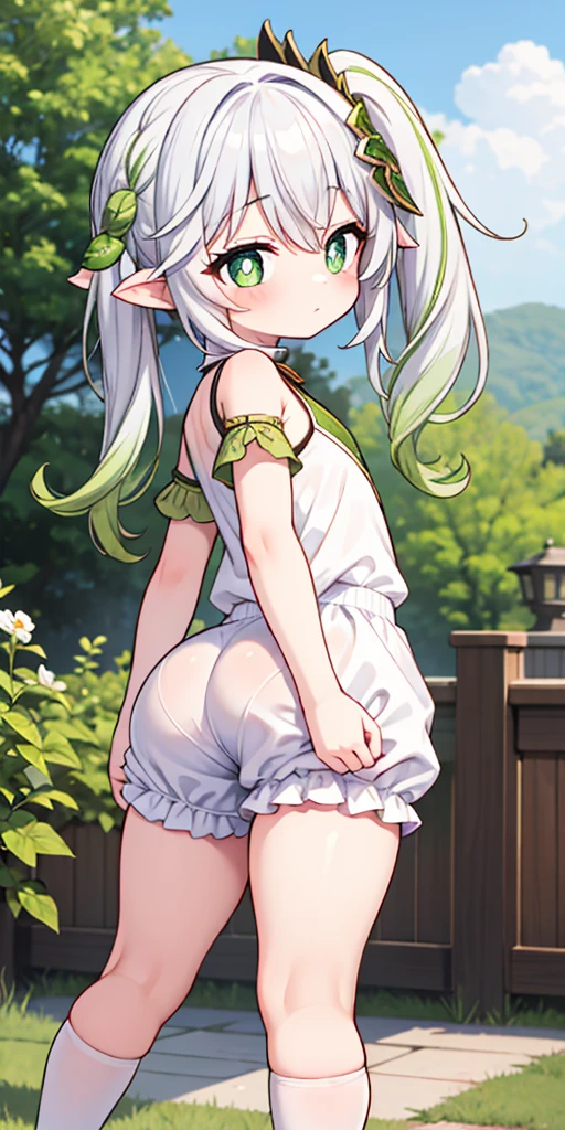 masterpiece, best quality, highres, aarurutie,1girl, white bra, erect nipples, , white tight panties, white suspenders and stockings. standing, garden, smile, open mouth,solo,elf, white hair, grey hair,collarbone,ngs,pointy ears,long hair,ponytail,green eyes,twintails,parted bangs,thick eyebrows,small breasts