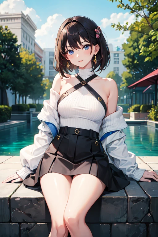 (A captivating beauty in a miniskirt)、(poses seductively)、(with a lighthouse as the backdrop:1.5)、(Big-breasted woman wearing a crop shirt) This enchanting image features a woman in a miniskirt who exudes confidence as she poses seductively against the backdrop of a towering (lighthouse:1.5). The big-breasted beauty dons a crop shirt that leaves little to the imagination, accentuating her curvaceous figure. (The lighthouse stands proudly in the background:1.5), casting an ethereal glow over the scene, while the woman's radiant smile captivates the viewer's attention, huge nipples under shirts