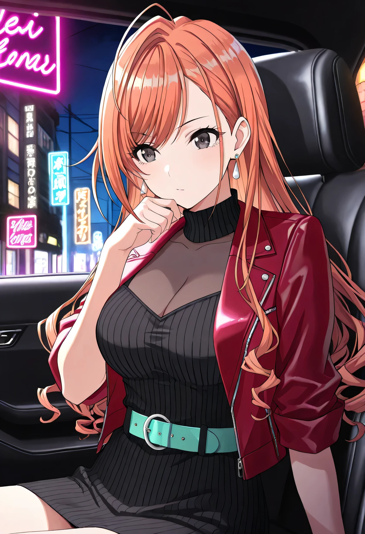(masterpiece),(best quality),(ultra-detailed),(best illustration),(best shadow),(absurdres),(detailed background),(very aesthetic),shanimas, arisugawa natsuha, 1girl, solo, orange hair, long hair, ahoge, swept bangs, black eyes, large breasts, cleavage, red jacket, open jacket, sleeves rolled up, black dress, short dress, ribbed dress, turtleneck, see-through cleavage, aqua belt, earrings, jewelry, upper body, female focus, in car, back seat, sitting, Rest on chin, looking out the window, night, neon light, anime screencap