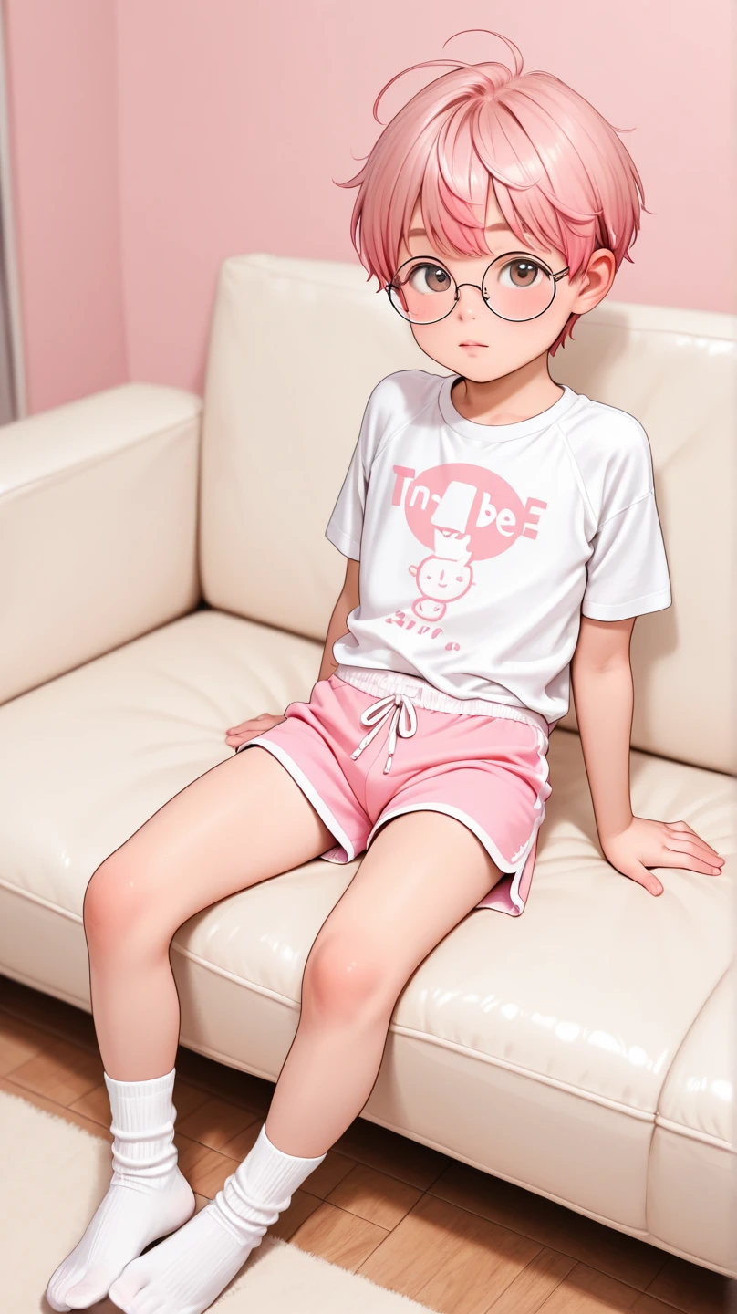 Best quality, best image quality, highest resolution, super detailed, 1boy, , wearing satin pajamas shorts, the material of satin pajamas is shiny, soft and smooth to the touch, no underwear, Japan fashion model, full body shooting so that the face is also entered, the subject is alone, on the bed