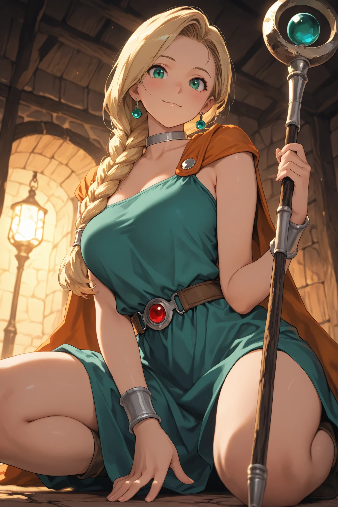 masterpiece, best quality, high resolution, highly detailed, intricate details, vibrant, high contrast, (flawless smooth skin, very aesthetic), 1girl, solo, \(Bianca from Dragon Quest V\), cute girl, very cute face, emerald green eyes, blonde single braid, hair over shoulder, highly detailed hair, earrings, choker, orange cape, teal dress, belt, silver bracelets, Crouching, Kneeling on one knee, Swearing by the magic staff, head tilted, (upper body), from below, gentle smile, (cozy tavern interior), warm lighting