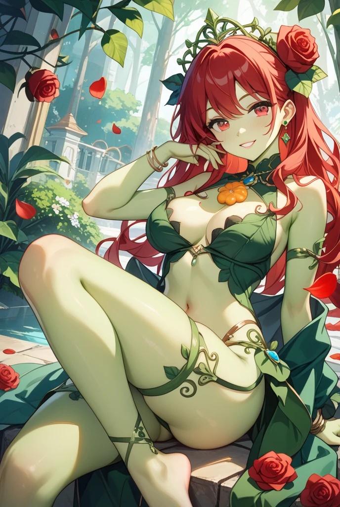 A tantalizingly lifelike female character with the intriguing twist of her body being composed entirely of luscious strawberries. Her voluptuous form is accentuated by the strategic placement of the fruit, creating an alluring and sensual silhouette. The strawberries are vibrant and ripe, varying in size and shape to mimic the natural contours of a woman's body. Her skin is a glossy red that shimmers in the soft, ethereal light, hinting at the sweetness and temptation she exudes. Her hair is a cascade of green strawberry leaves, framing her delicate features which are delicately sculpted from the whitest parts of the berries, complete with a seductive smile. Her eyes, the dark centers of the fruit, sparkle with mischief and allure. Her body language is inviting, with one hand resting on her hip and the other playing with a trail of berries that dangle from a leafy vine, which forms an elegant necklace around her neck. She stands against a backdrop of velvety green foliage, further highlighting the richness of her berry-covered figure. The scene is a celebration of nature and feminine beauty, blurring the lines between fruit and flesh in a mesmerizing, NSFW display that leaves the viewer craving a taste of the forbidden fruit.
