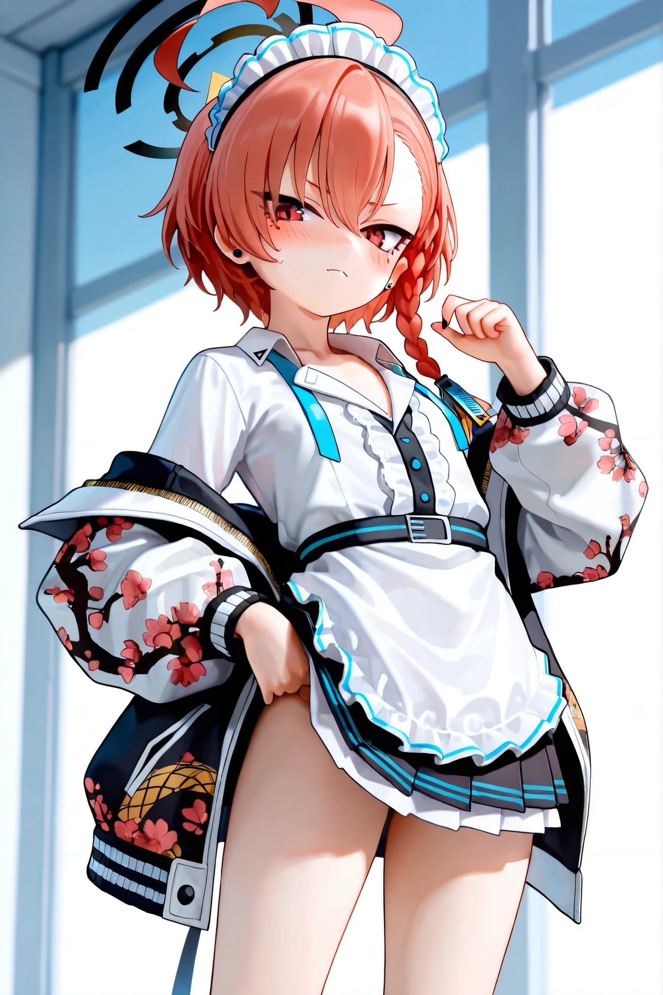 One girl, (Sagging under the eyes:1.5), Red Hair, twin_Braiding, Grey Beret, White shirt, Floral tie