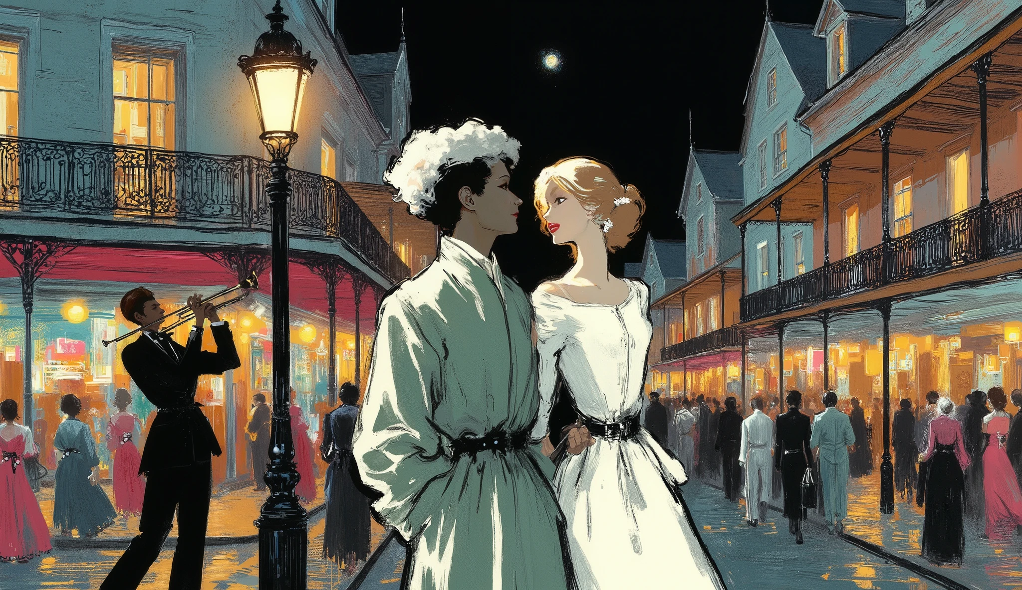 illustration, a couple walking in historic new orleans street, a black man plays trumpet near a street lamp, night, color palette:
Black Chocolate, Army Green, Palm Leaf, Copper (Crayola), Dark Pastel Red, capture the happiness, the music and the atmosphere from new orleans in that time, fashion, historic, illustration. UV blacklight, volumetric light.