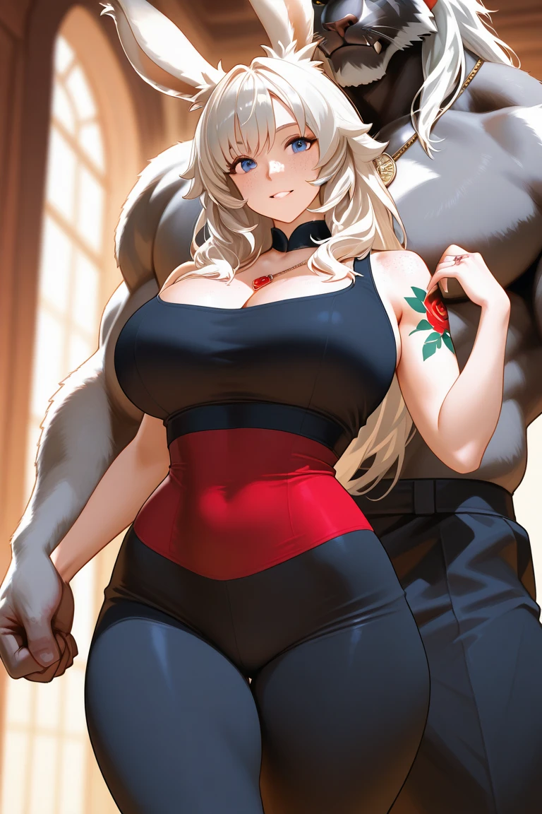 ((Female)) , polar bear, red eyes, (((muscular))), long hair