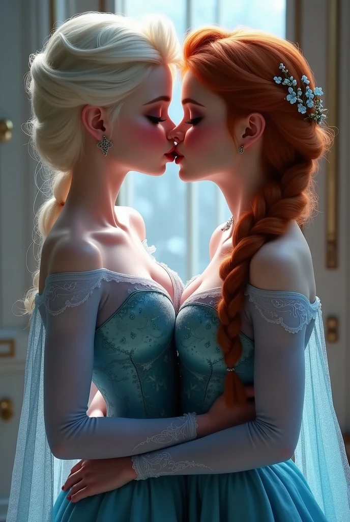A stunning portrait of Anna holding Elsa, Elsa is pregnant, holding her belly, young and beautiful, hyper realistic, real portrait, backlit, exquisite features, cleavage, sexy, seductive, window, natural light, soft light, kissing, deep kissing, French kissing, romantic