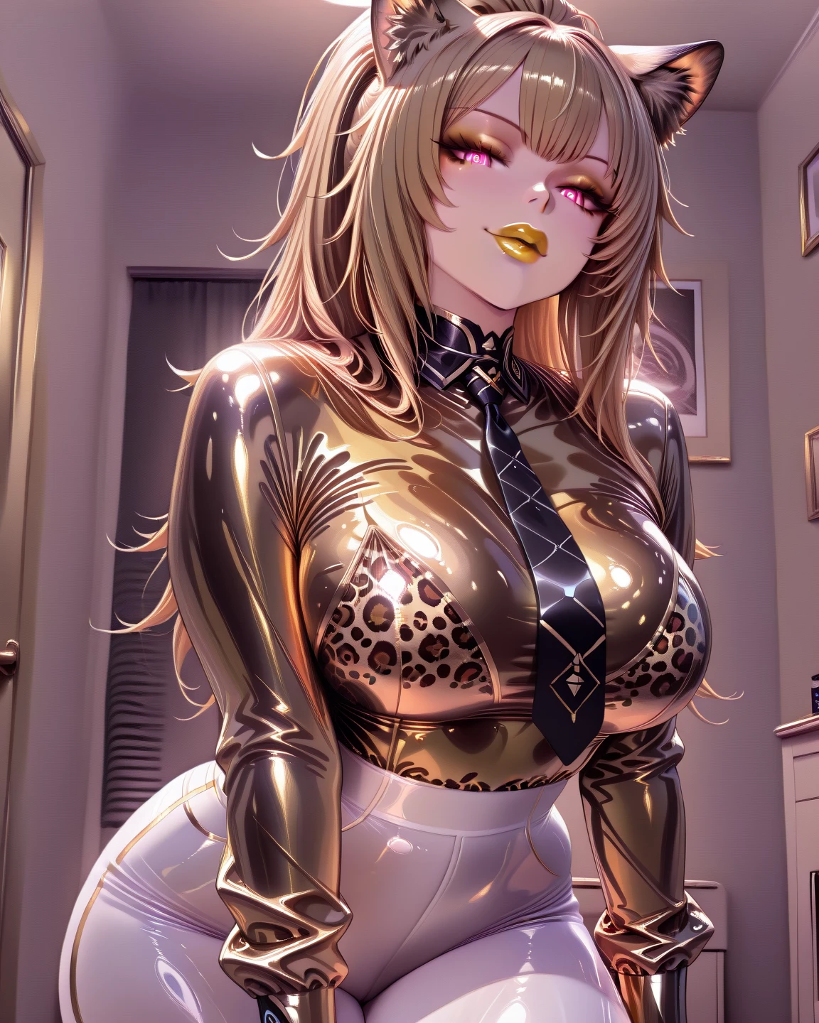 1girl,solo,long twin tails,cat ears,blonde hair color,purple eye color,super huge breasts,slender,Glasses,glossy black long pencil skirt dress,standing up,near,Stained glass background