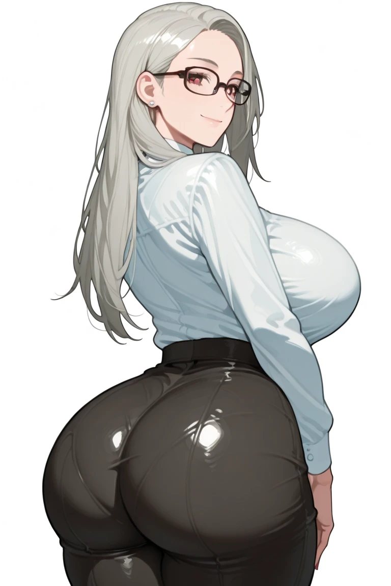 20 year old woman, busty, bubble butt, hourglass figure, skinny, blushing, frustrated expression, horny, seductive, platinum hair, long hair, wavy hair, wearing white sweater, ribbed sweater, black pencil skirt, belt, tights, heeled boots, tight fitting clothing, middrift, cleavage, anime, city at night, outside, punk, punk style, punk hair, doujin style, manga, flat colours, ass focus