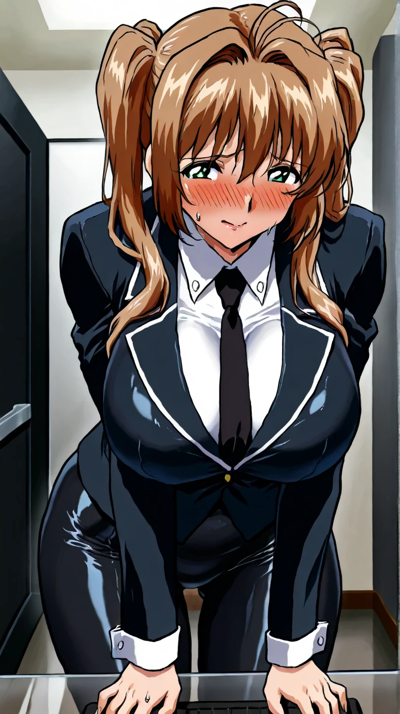 score_9, score_8_up, score_7_up, score_6_up, score_5_up, score_4_up, source_anime, Label 1, Label2, quality_masterpiece, , (beautiful face, rostro perfecto), Face of Aika Sumerag,  beautiful big green eyes , Card Captor Sakura's brown hair fused with Aika Sumeragi's hair with pigtails is from the top of the head to the waist with 2  that hold them, Attractive face, Detailed face, delicate facial features, Detailed Leather , , huge , mujer sensual, mature female, madre,  sweat, elegant, Glamour, , final, Exit, Voluptuous,   , Glamour, Amorous grip, plump, embarrassed, ((shy)), vista   seductivea en picado, leaning forward, (( Transparent thongs down :1.34)), ((  Executive Director  , The expensive blazer)), (The tight suits  :1.39), ((Goddess of Greek mythology)), ((mini fold)), ((giant )).