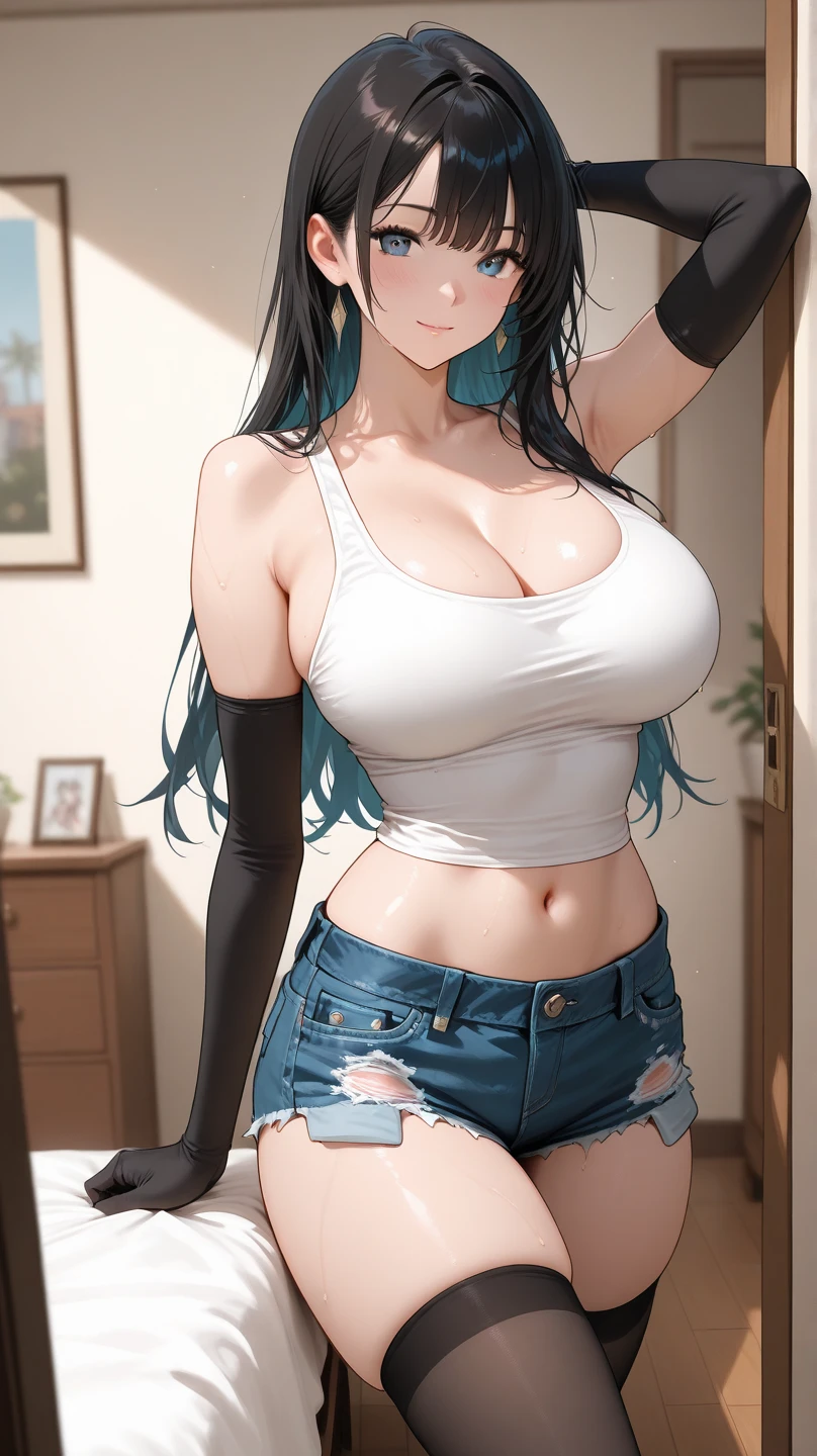 Masterpiece, highres, high Quality, detailed face, detailed body render, 1girl, solo, hyuuga hinata, hinata-sleeveless-outfit, large breasts, big breast, sleeveless shirt, fishnet top, dark lips, unzipped jacket, no bra, breasts out, nipple, standing, blushes, (on bedroom)