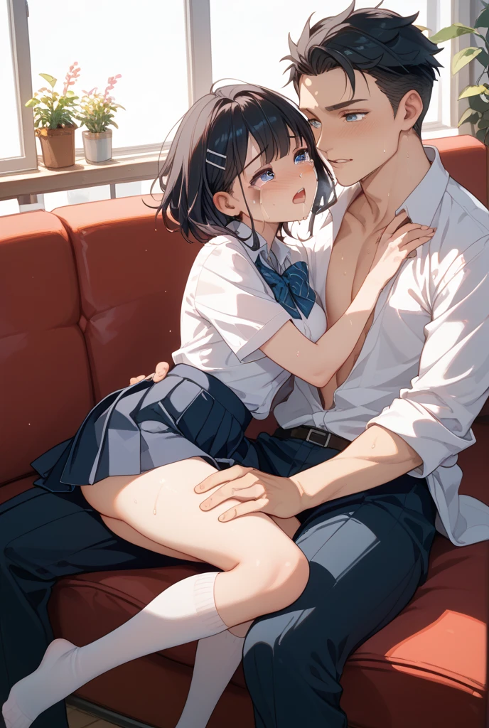 NSFW, (((photographrealistic))), (Shiny skin), (nffsw, in 8K,Wallpaper, High resolution), Perfect Anatomy, Cinematic lighting, Physically-based rendering, Award-winning, highlydetailed skin, extra detailed face, Eyes with beautiful details, Carl Zeiss 85mm F/1.4, (1 man and 1 girl, a couple:1.5), Cute 16 year old Japan schoolgirl, sitting in the chair, (Black hair, Brown eyes, Round face), middlebreast, Wet school blouse with ribbon, Navy Pleated Skirt Lift, Navy High Socks,Spread legs, Thigh Focus, In the classroom, Blue Hour, (One man is a student, A student is hugging a girl from behind:1.5), student clothes, (Student touching girl's panties:1.5), [Full body shot], Shot from below,