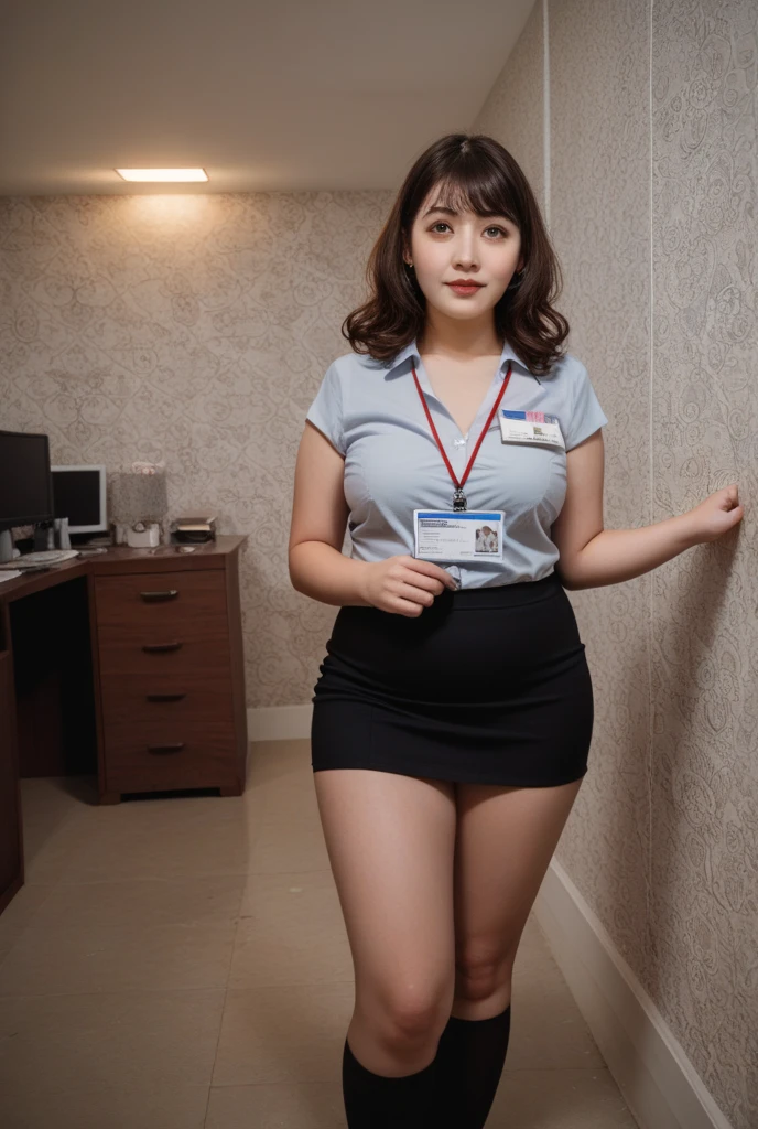 highest quality, pieces fly, realistic, High resolution, 8K students,alone, 1 girl, NSFW、medium long hair、30 years old、(enterprise、dark green business vest、dark green business tight skirt)、plump body shape、(((full body shot)))、thick thighs、 ((white lace panties))、smile、high heels、earrings、necklace、skirt lift、At the office