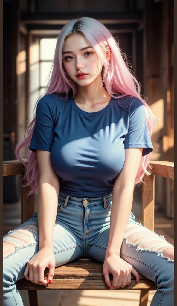 1girl, (Blue Eyes), (smiling :1.2), (Sana Minatozaki), (pink makeup with glitter :1.2), (wide hips), (Big tits), (big ass), (Best Quality, 8k, Masterpiece: 1.3), Clear Focus: 1.2, Perfect Body Beauty: 1.4, strong abs, Highly detailed face and skin texture, (detailed eyes :1.1), double eyelids, (blonde long straight hair :1.3), (cleavage hot pink t-shirt :1.3), jeans, standing, looking at the camera, (close-up of the face :1.2), on the streets of Los Angeles