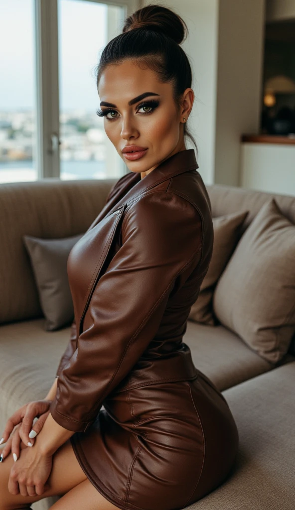 (Full length photo), (2 brunette ), (busty:1.4), ((long curly hair)), ((detailed face)), (thin waist), (long and thin legs), (Beige leather trench coat), Standing In a hotel room, (4k image)