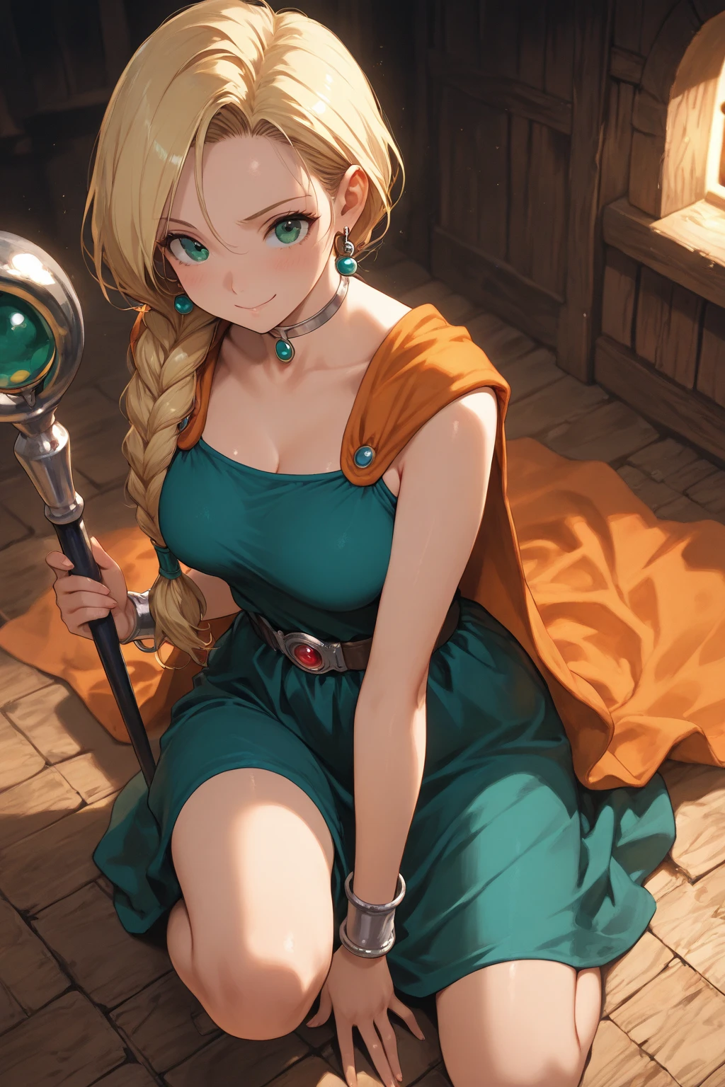 1 girl、High resolution、masterpiece、Blonde、single braid, earrings, choker, orange cape, green dress, belt, Bianca, dq5