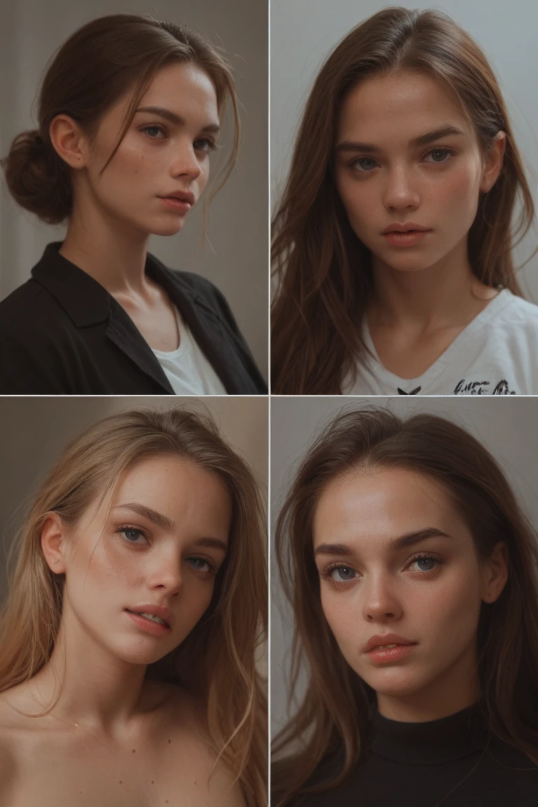 ((5 russian girls in modern clothes:1.4)), 28 years old, tall girls, realistic faces, gorgeous, models, seductive smiles, long messy hair, different faces, ((detailed eyes)), detailed faces, ((distant photo)), rear photo