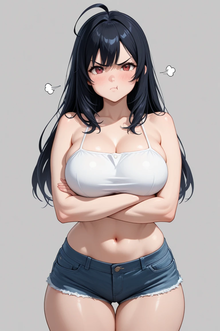 girls und panzer, nishi kinuyo, and dressed in denim shorts and a black tank top, 1girl, solo, navel, thighhighs, long hair, looking at viewer, nishi kinuyo, white background, smile, open mouth, midriff, bangs, blue shorts, asymmetrical bangs, simple background, black hair, white thighhighs, standing, black shirt, black eyes, girls und panzer, nishi kinuyo, full body, strong, fat, big breast