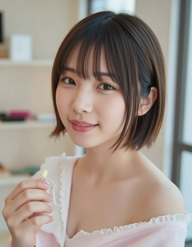 A smile、Clean teeth、Beautiful, large and detailed eyes、Shorthair（A dark-haired）、（Bulging breasts 3.0）、Bring your chest together、masutepiece、Super beautiful Japan people、22year old、Perfect whole body、Clean naked、A detailed eye、Focus on your audience、Kitchen background、hair behind ear、Kamimei、sexy  pose