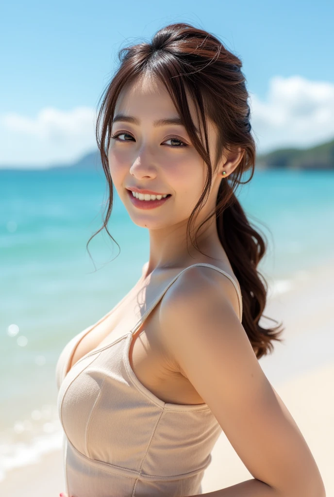 (RAW Photos, Highest quality), (Realistic, Photorealistic:1.3), masterpiece, Very delicate and beautiful, Soft Light, Beautiful detailed girl, 1 girl, Japanese, Pure beauty, smile, Beach, sexy, back, Hair with movement, Tribal pattern