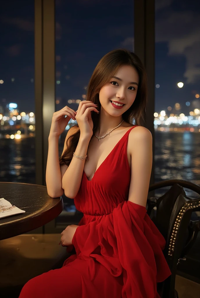 NSFW, ((highest quality)), ((8K)), ((masterpiece:1.3)), ((become familiar with)), ((japanese woman)), (calm indoor lighting), (Women have soft parts., (restaurant), (having meal:1.4), 男性と向き合ってhaving meal, table top, The tail has very luxurious food, restaurant用の椅子, (Sit on a chair and eat:1.2), (Angle from the front of the woman:1.2), The man is not in the field of view, (Female 46 years old), smile wrinkles on face, wrinkles around the eyes, double eyelid, Tear bags under the eyes, (my eyes are on the man across from me.;1.2), (Moist eyes), long hair, ponytail, (accurate hand depiction:1.2), (he has a butter knife in his right hand.), (left hand holds bread), (loose upper body dress), (halter neck), (red dress), small breasts, small breasts, (side boob:1.2), (Yokohama&#39;s breasts visible from the floating dress),  seat, focus on upper body,