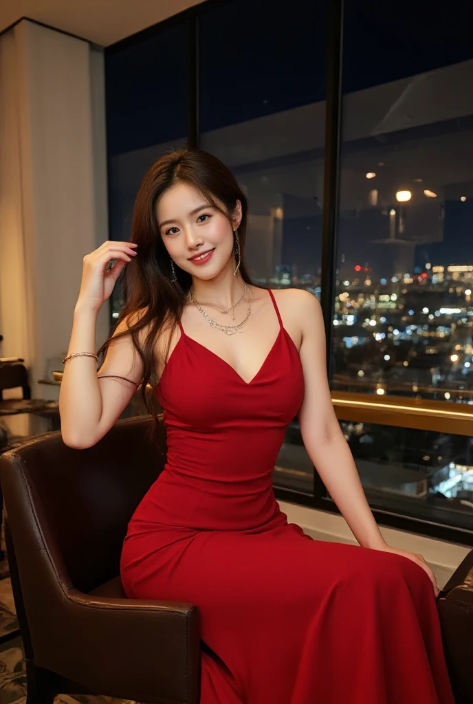 An arafi woman wearing a red dress holding a wallet and smiling, gorgeous chinese model, Photographed with Canon EOS R6, wearing red cheongsam, Yoshitomo Nara, Shahi, Summer all over the body, Photographed with Canon EOS 5D mark iv, Photographed with Canon EOS 5D, Photographed with Nikon Z9、Super detailed, 1 girl, Asian, slim athletic body, realistic skin texture, long hair, (chest:1.0), smile, look at the audience, One Piece Tight Dress, Velvet dress, movie lighting, face focus, fine eyes, detailed face, Bright face, Sitting in a hotel room