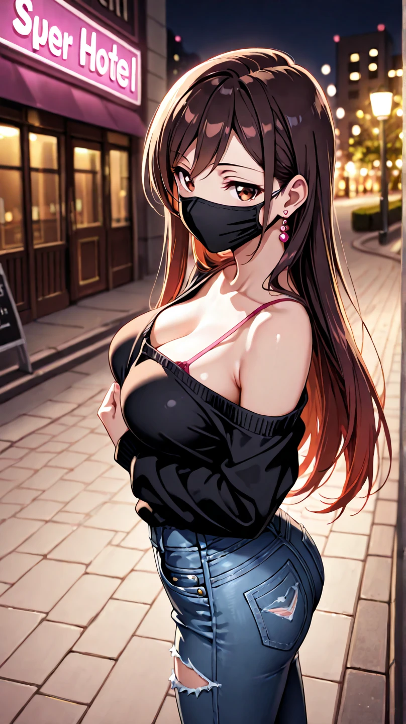 Absurd resolution, A high resolution, (masterpiece:1.4), ((gigantic braests:1.6)), ultra - detailed, 1girll, brown color eyes, cabelos preto e longos,Wear a outdoor and short skirt, the city street,sexyposture, The camera is close to the body