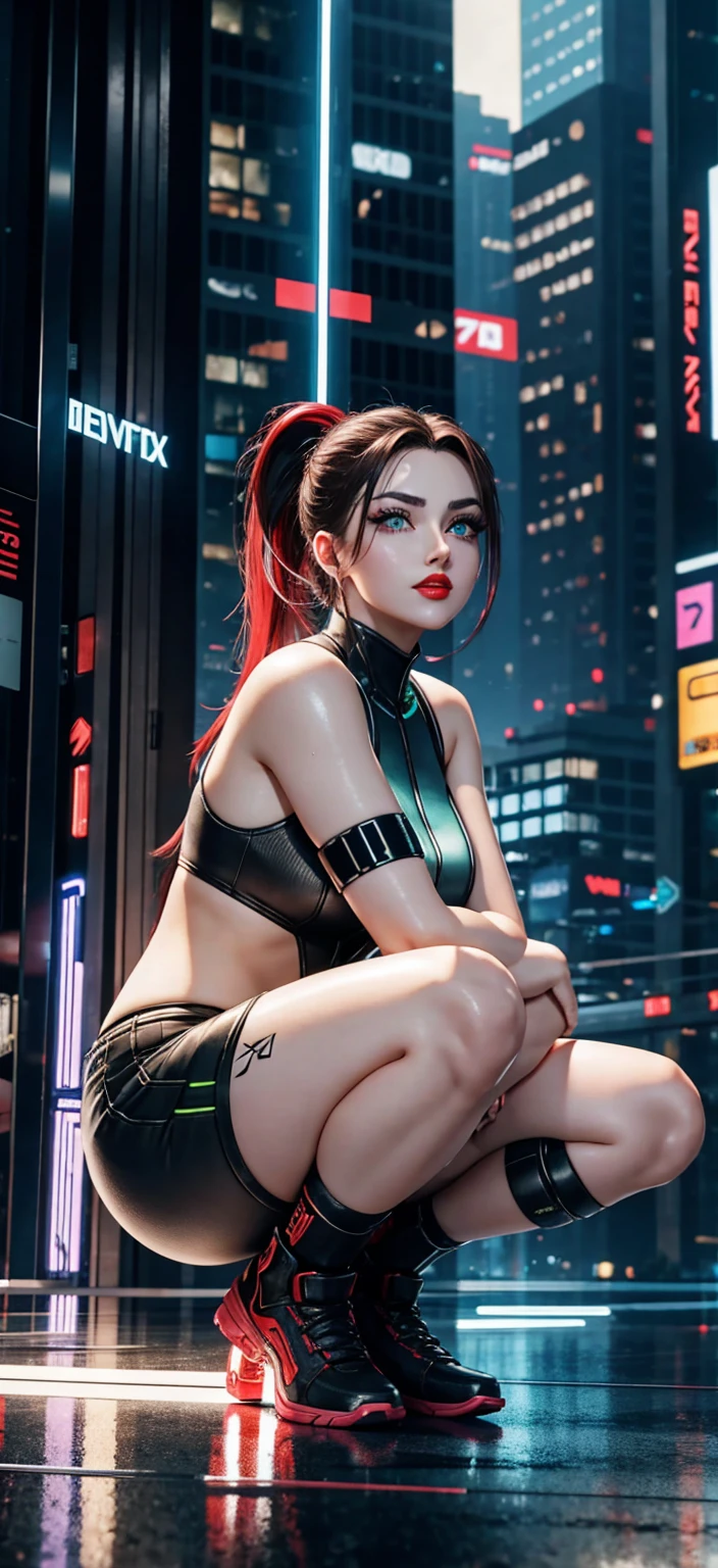 just 1 woman, hot sexy, from the back looking sensually behind, smiling, incredibly beautiful, vibrant brown eyes, (side view), red hair, she is in a normal bikini, highly detailed, cyberpunk night city background, wonderful , milky white, highly detailed skin, realistic skin details, 8K Ultra HD, high quality