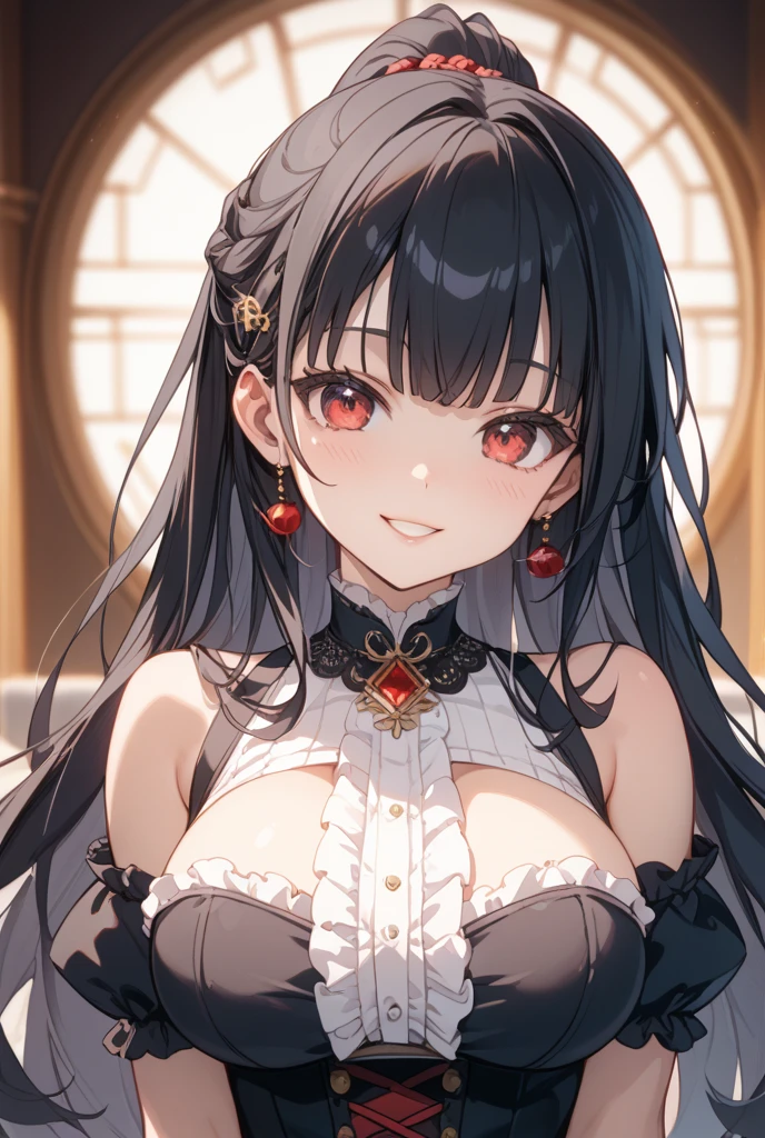 yor briar, anime style beutiful woman, 1girl, happy, sexy pause,(with sparkling eyes and a contagious smile:0.9),red face, closed mouth, beautiful detailed eyes, super detailed skin, backlighting, bare shoulders, black background, black dress, black gloves, black hair, breasts, dress, earrings, fingerless gloves, floating hair, floral print, flower, gloves, gold earrings, gold hairband, hair flower, hair ornament, hairband, holding, holding weapon, jewelry, large breasts, long hair, looking at viewer, off-shoulder dress, off shoulder,red eyes, short hair with long locks, sidelocks, solo, spikes, thighs, two-sided dress, two-sided fabric, weapon, fighting stance , face, close up, from above, highest quality, looking at viewer,high resolution.