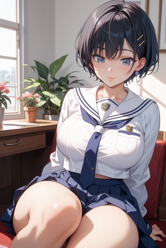(masterpiece:1.2), best quality, ultra high res, unity 8k wallpaper, (illustration:1.0), (beautiful detailed eyes:1.6), extremely detailed face, Cinematic lighting, high contrast , clear color, (perfect hands,perfect anatomy), (dynamic angle and pose:1.3), best angle, (1girl, solo:1.5), smooth, simple, BREAK
kirigaya suguha, large breasts, hairclip, thighs, black hair, green eyes, short hair, blunt bangs, bob cut, BREAK
school uniform, skirt, pleated skirt, sailor collar, black skirt, serafuku, long sleeves, neckerchief, (gray sweater, sweater:1.2), black sailor collar, yellow neckerchief, BREAK
smile, happy, seductive smile, BREAK
(luxurious mansion:1.4), (indoor:1.2), (window:1.3), (curtain:1.2), (sofa:1.6), (sitting:1.3),