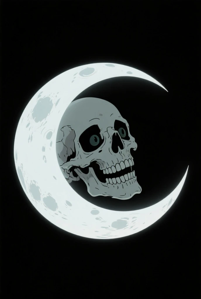 Design me a moon that says 12 MOONS in handwriting next to a character with a skull mask