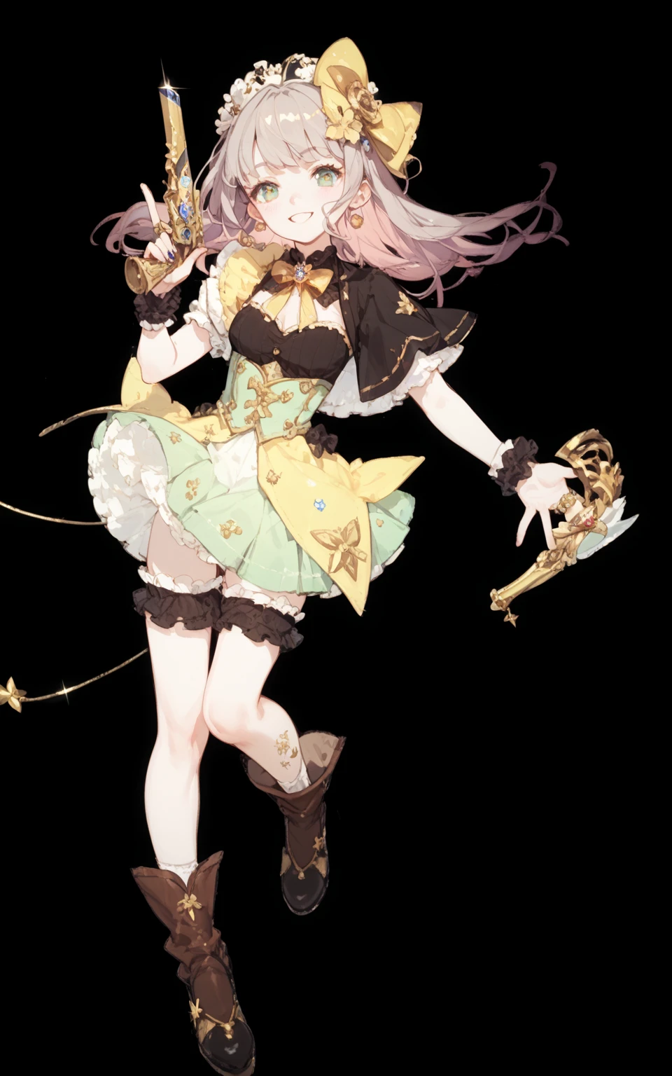 (masterpiece), (best quality), detailed,
1 girl, soro, twintails, long wavy hair twintails.hairs between eyes,dark green eyes ,dark green hair, (magical girl:1.2),
bow, dress, (pink:0.6), over legwear, boots, too many frills, too many bow, standing,striped panties.magical stick, mechanical stick, magic cercle, frying,