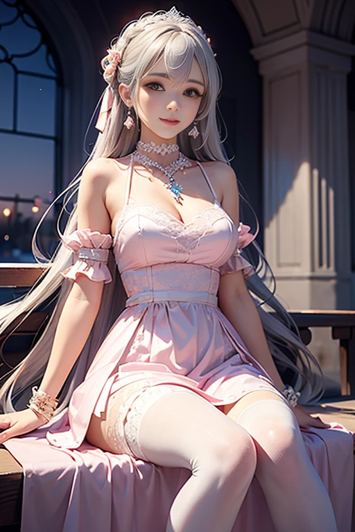 Dynamic Angle,((One girl, Elegant Pink Dresser Piece, Highest Resolution)), (Beautiful illustrations),(Beautiful medium-long silver hair),(Looking at the audience),An innocent smile,Cinema Lighting,White over-the-knee socks,Lace choker, Wristband, Diamond Necklace,Wristband, White fingerless gloves, Earrings,Day,blue sky,Beautiful Flower Park, A beautiful nose with a straight bridge