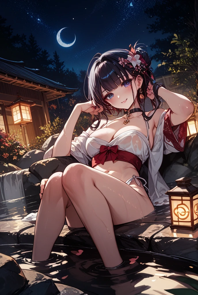 depth of field, scene view, house light, {best quality}, {masterpiece}}, top-quality, (hair wavy:0.7) , black-haired, original, {an extremely delicate and beautiful}, {1girl:1.3} , looking at the viewers, bangs, breasts, bare shoulders, medium breasts, japanese themed environtment , stary night , acubi fashion wear, tea