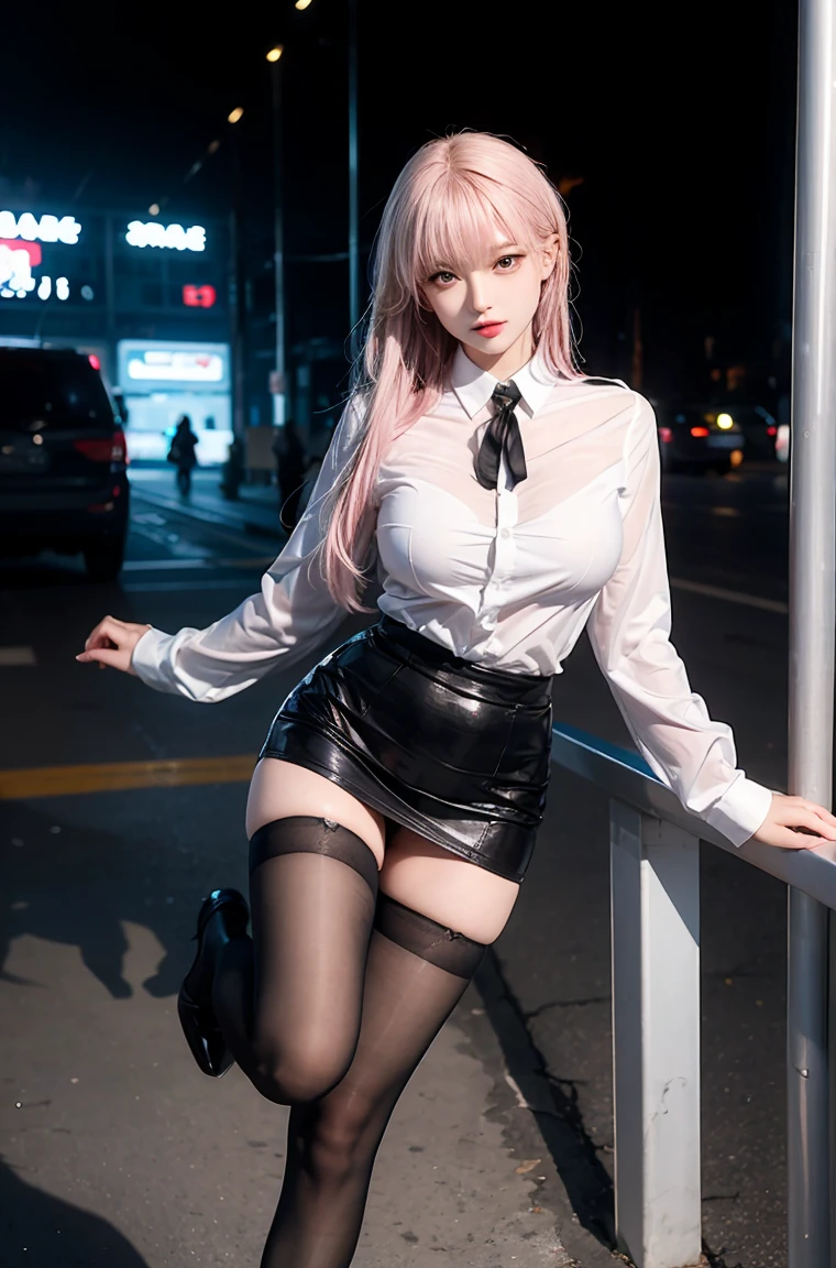 (8k, PHOTO RAW, Best Quality, Masterpiece:1.2), (Reality:1.3), (Realism:1.3), Super High Detail, (High Detail Skin:1.2), 8k uhd, dslr, soft light, high quality, film grain, Fujifilm XT3, best quality, beautiful light, 1 girl, long hair, side parting, ((pink hair)), pink eyes, normal ears, narrow-minded, walking , full body, medium breasts, outdoor, city, posing, night, slender thighs, beautiful legs, torn stockings, shiny legs, wet legs, small black leather skirt, white shirt, open shirt, shirt Black robe, Thai student uniform