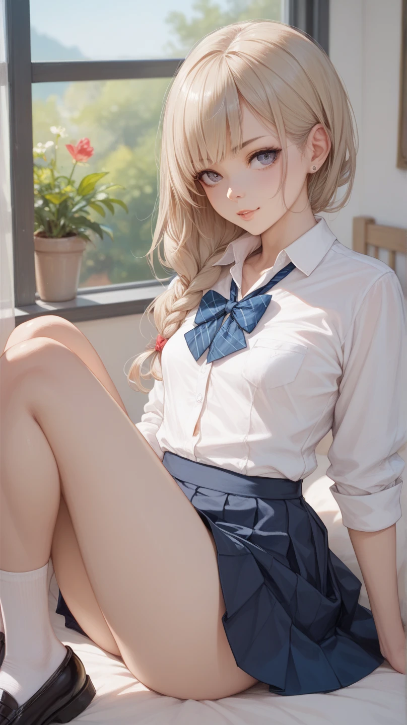 Photorealism、highest quality、超A high resolution、Browsing Caution、Woman in uniform sitting on bed、Low angle shot:1.5、She opened her legs wide:1.5、Sit with your knees bent and your legs apart、((Showing panties:1.5))、A sexy look for the camera、((Blonde:1.4))、((pink silk panties))、((Panties close up:1.5))、Tartan plaid pleated skirt、Knee socks、A cute and beautiful face down to the last detail、(Purelos Face_v1:0.008)、Brown eyes、eyeliner、blush、Embarrassing、Glare、 Glossy Lips: 1.4, impatience、It was scary、Glare、Panty Appeal、Panties close up:1.3、blush、is crying、cry、Open your knees、Spread your legs、Disheveled clothes、dressing、Medium Long Hair,In the bedroom、Anatomically Accurate human body、Perfect Arms、Perfect hands、Perfect Fingers、Perfect Legs、Accurate human body、((Shooting from the side:1.2))