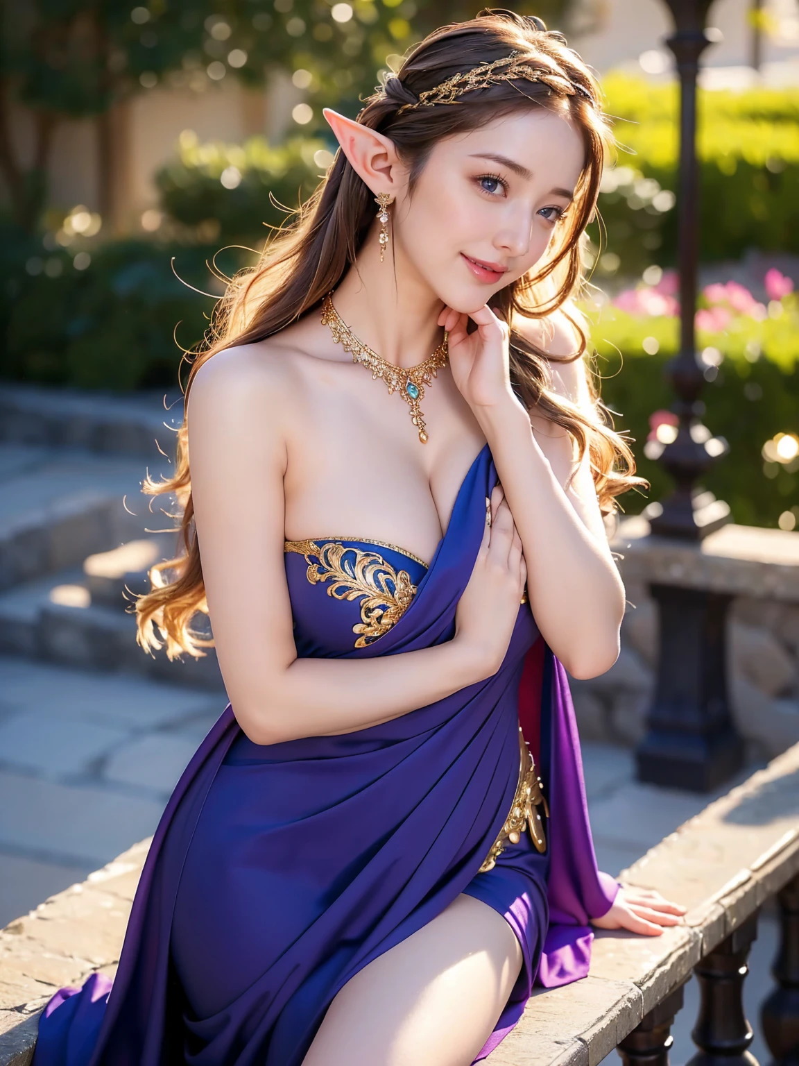 A woman with fair skin and purple straight hair is dancing in a garden from a dynamic angle. She is wearing a colorful traditional dress and has an ecstatic expression. The background is a garden with blooming flowers in high detail and perfect anatomy. It's noon with a vibrant light mood and tone, and the lighting is bright, (colorful traditional dress: 1.9), (perfect anatomy: 1.5), (noon: 1.5), (vibrant light mood and tone: 1.5), (bright light: 1.6).
